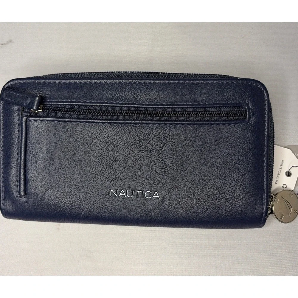 Nautica Navy Blue RFID Blocking Zip Around Clutch Wallet Vegan Leather New